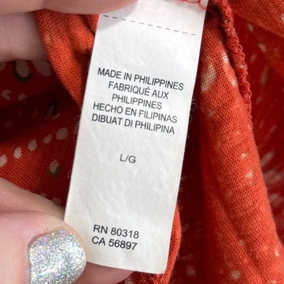 Lucky Brand Orange Medallion Print Split Tie Neck Peasant Blouse Top L - Picture 3 of 6